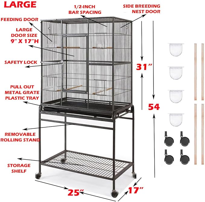 54" Large Wrought Iron Breeding Flight Canary Parakeet Cockatiel Lovebird Finch Cage Side Nesting Doors with Removable Rolling Stand - Image 2