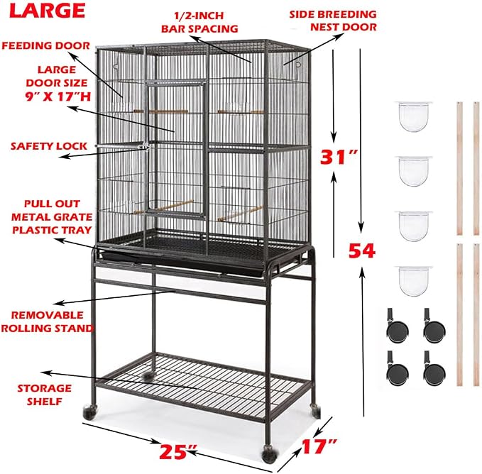 54-Inch Large Wrought Iron Metal Bird Flight Breeder Cage Tight 1/2-Inch Bar Spacing with Side Breeding Nesting Box Doors with Removable Rolling Stand - Image 3
