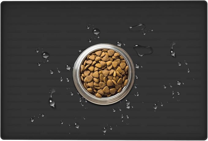 24" x 16" Dog Food Mat, Silicone Pet Mats for Food and Water, Nonslip Pet Feeding Mats for Floors, Dog Cat Bowl Mat with Raised Edges, Black by WelcometoULTIBE