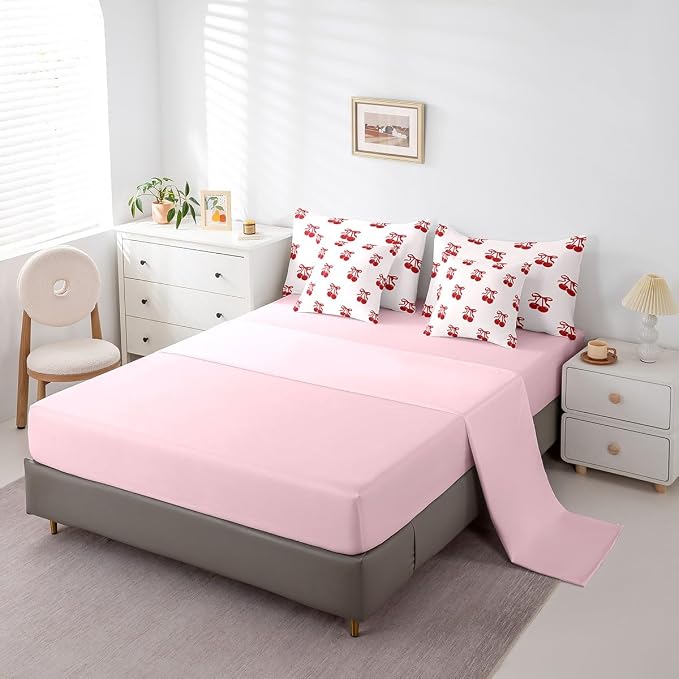 Erosebridal 7 Piece Cherry Bows Kids Comforter Set Full Bed in a Bag,Dreamy Princess Style Bedding Set for Girls Women,Girly Red Cherries Bowknot Sheet Set,Cartoon Bow Tie Duvet Insert - Image 4