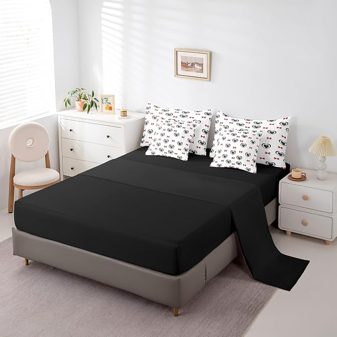 Erosebridal 7 Piece Heart Pattern Queen Bedding Set,Kawaii Red Bowknot Kids Comforter Set for Girls Boys,Valentine Day Love Heart Shaped Bed in a Bag,Geometric Bow Flat Fitted Sheet,Black Red - Image 4