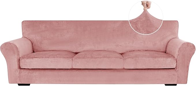 XINEAGE 4-Piece Velvet Oversize Sofa Cover, Couch Covers for Dog,Pink | 3 Cushion Large Sofa,Stretch Non-slip Elastic, Pet-friendly, Washable, Fast Setup, Soft Plush Fabric, Furniture Protector. by XINEAGE