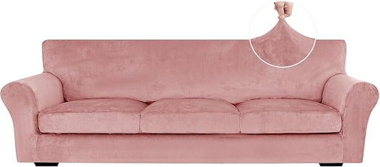XINEAGE 4-Piece Velvet Oversize Sofa Cover, Couch Covers for Dog,Pink | 3 Cushion Large Sofa,Stretch Non-slip Elastic, Pet-friendly, Washable, Fast Setup, Soft Plush Fabric, Furniture Protector. by XINEAGE