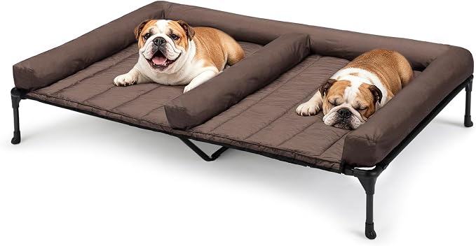Veehoo Elevated Dog Bed for Two Dogs, Cooling Raised Dog Bed with Removable Waterproof Bolster Mat, 53" x 37.5" Double Dog Bed, Outdoor & Indoor Pet Cot with Breathable Mesh, Non-Slip Feet, Brown by Veehoo