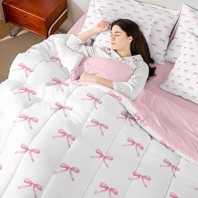 Erosebridal 7 Pieces Pink Bow Comforter Queen,Kids Cartoon Bowknot Butterfly Knot Princess Bedding Set for Girls,Dreamy Watercolor Ribbons Bow Tie Sheets with Pillowcases + Pillow Covers,Pink White - Image 5