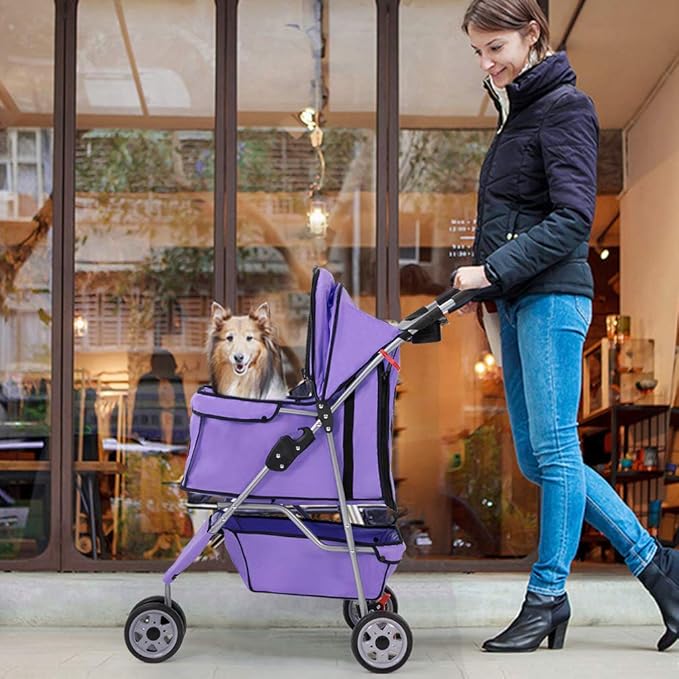 BestPet 3 Wheels Pet Stroller Dog Cat Cage Jogger Stroller for Medium Small Dogs Cats Folding Travel Carrier with Cup Holder, Waterproof Design & Removable Liner, Purple