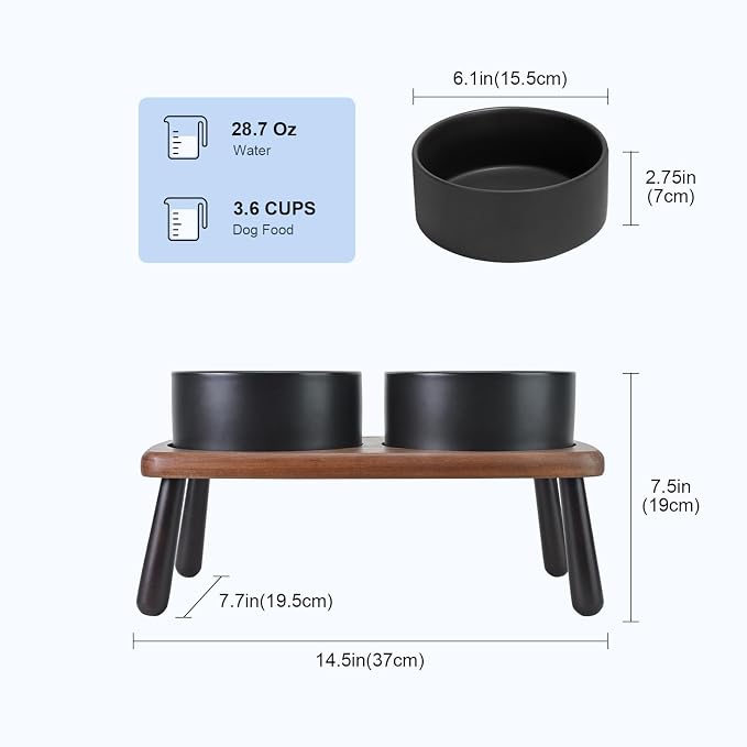 SPUNKYJUNKY Ceramic Elevated Dog Bowls Raised with Acacia Bamboo Wooden Stand, 6.1'' Dog and Cat Food Water Bowls Set Non-Slip for Small Medium Sized Breed Microwave Dishwasher Safe - 28.7 OZ,Black - Image 2