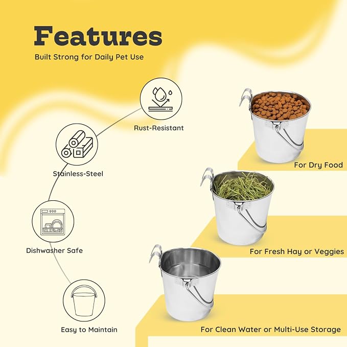 2 Quart Stainless Steel Flat Sided Bucket with Dual Hooks | 4 Pcs Durable Food & Water Bowl for Dog Cats Bird & Small Animals | Fits kennel Cage Crates Hanging Pet Pail | Multipurpose use - Image 6