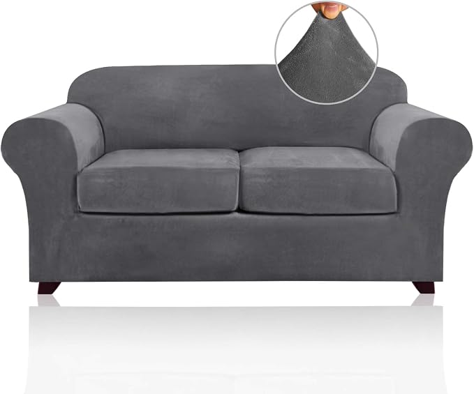 PrinceDeco Velvet Couch Cover Loveseat Covers for 2 Cushion Couch 3 Piece Sofa Covers for Dogs Washable Loveseat Covers Width Up to 72 Inch No Slip Stretch Sofa Slipcover(Medium, Grey) by PrinceDeco