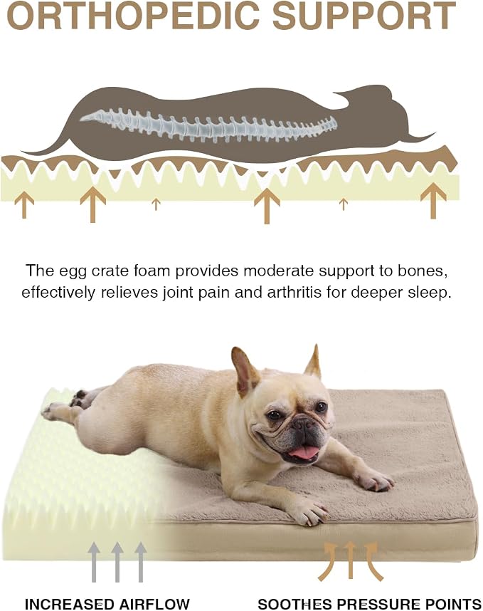 KSIIA Orthopedic Dog Bed for Medium Dogs with Waterproof Lining,Khaki,29x18 | Deluxe Soft Plush Dog Crate Bed, Washable Pet Mat with Removable Cover & Egg Crate Foam for Medium Dogs Sleeping & Relaxing - Image 2