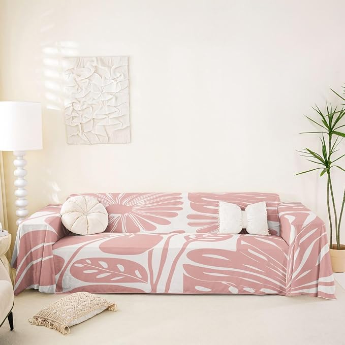 Erosebridal Boho Floral Couch Cover Pink Flower Sofa Cover 71" X 102" Abstract Retro Minimalist Sofa Protector for Pet Cats Kids Vintage Art 70S Modern Washable Couch Protector, Non Slip by Erosebridal