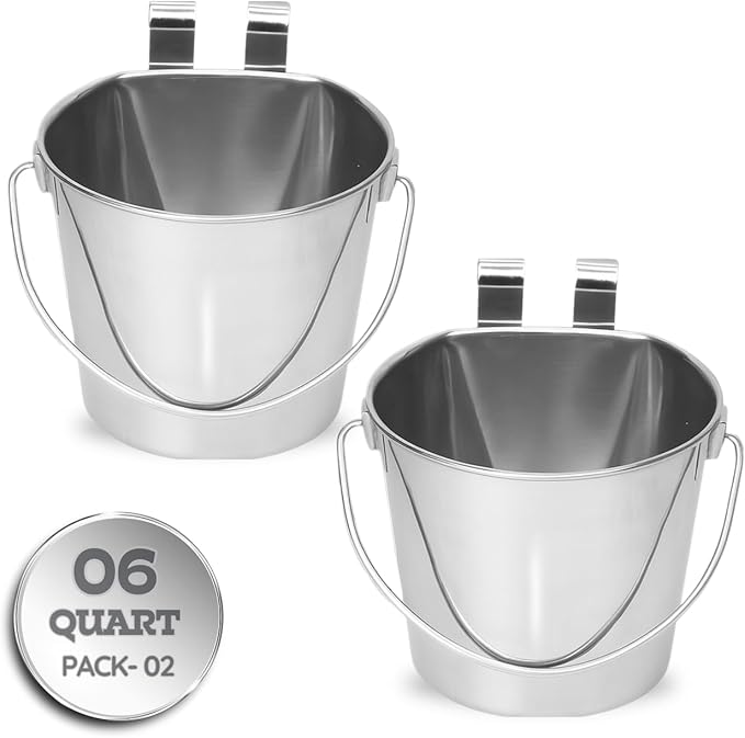 6 Quart Stainless Steel Flat Sided Bucket with Dual Hooks | 2 Pcs Food & Water Bowl for XL Dog Goat Cattle Horse & Livestock | Fits kennel Crate Cages Farm Hanging Pet Pail | Multipurpose by AASPIREPETS