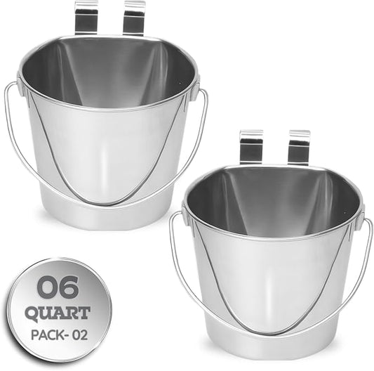 6 Quart Stainless Steel Flat Sided Bucket with Dual Hooks | 2 Pcs Food & Water Bowl for XL Dog Goat Cattle Horse & Livestock | Fits kennel Crate Cages Farm Hanging Pet Pail | Multipurpose by AASPIREPETS