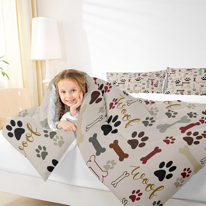 Homewish Dog Paw Print Comforter Set Queen Size,Bone Pattern Bedding Set 3pcs for Kids Teens Girls Boys Room Decor,Pet Animal Quilt Set Cartoon Duvet Insert with 2 Pillowcases - Image 5