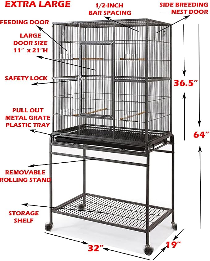 64" Extra Large Tight 1/2-Inch Bar Spacing Wrought Iron Flight Canary Parakeet Cockatiel Lovebird Finch Home Cage Side Nesting Box Doors with Removable Rolling Stand - Image 2