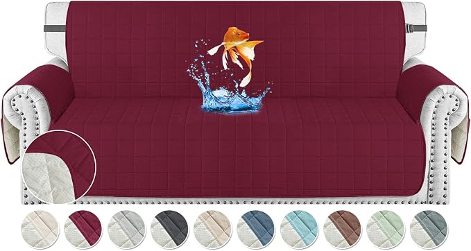 MAXIJIN Waterproof Oversized Couch Covers for 3 Cushion Couch, 79" Quilted Sofa Covers Washable Pet Dog Couch Cover Protector with Elastic Strap & Side Pocket (Large Sofa, Wine Red) by MAXIJIN