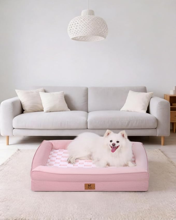 KSIIA Big Dog Bed for XL Dogs, Orthopedic Egg-Crate Memory Foam Pet Bed with Sides, Waterproof Lining and Non Slip Pet Couch with Removable Washable Cover, 44 x 32 Inch, Pink - Image 8