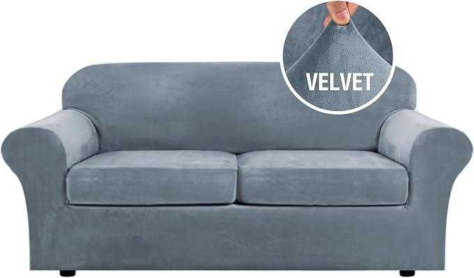 H.VERSAILTEX Real Velvet Plush 3 Piece Stretch Sofa Covers Couch Covers for 2 Cushion Couch Sofa Slipcovers Width Up to 90 Inch Feature Thick Soft Stay in Place (Large Sofa, Stone Blue) by HVERSAILTEX