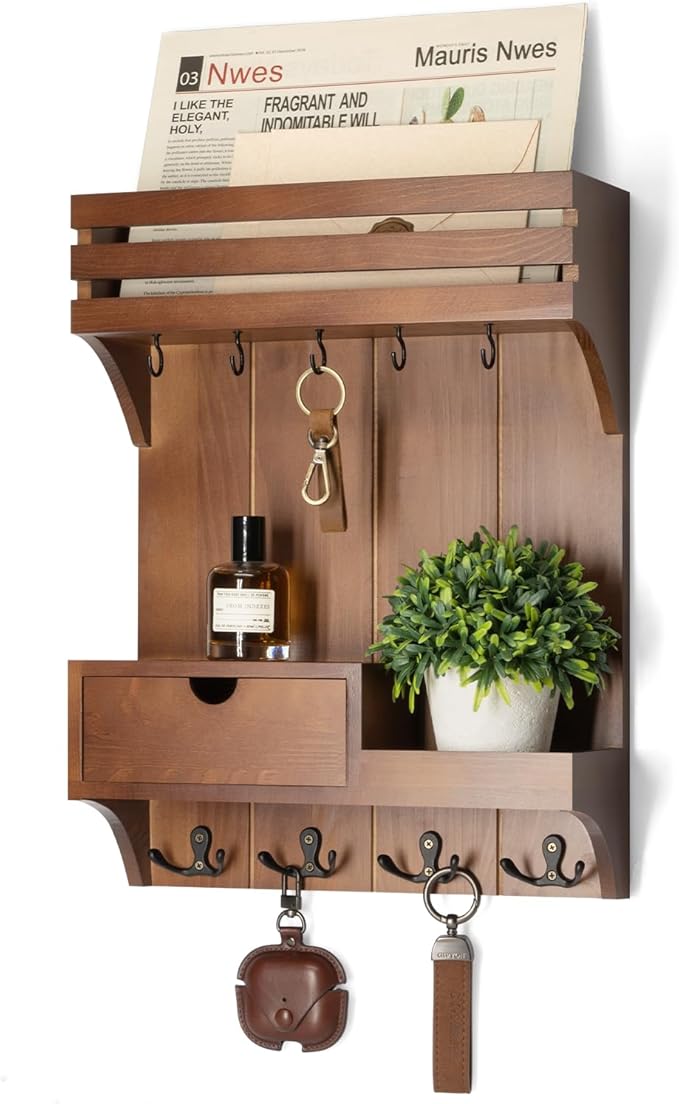 Rebee Vision Key Holder Wall Mount with Drawer Organizer for Entryway,Brown | Key Holder for Wall , 9 Sturdy Key Hooks, Floating Shelf, Plant Display, Drawer Organizer, Mail Sorter, Home Decor Storage by REBEEVISION