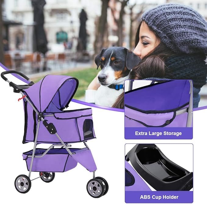 BestPet 3 Wheels Pet Stroller Dog Cat Cage Jogger Stroller for Medium Small Dogs Cats Folding Travel Carrier with Cup Holder, Waterproof Design & Removable Liner, Purple
