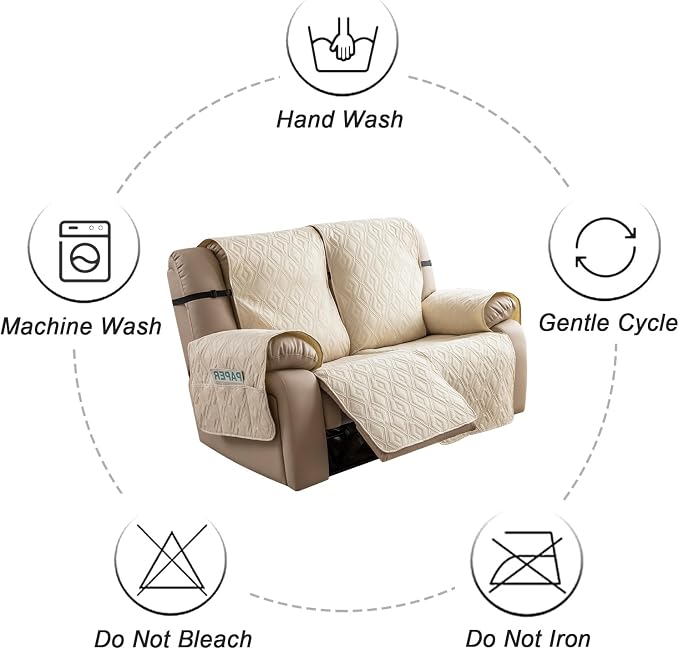 Genina Waterproof Loveseat Recliner Cover Non-Slip, Sofa Cover for Reclining Couch 2 Seat, Washable Couch Cover Loveseat Furniture Protector Cover for Pets Dogs Kids(Beige, Recliner Loveseat) - Image 9