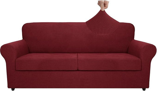 MAXIJIN 3 Piece Couch Covers for 2 Cushion Couch Super Stretch loveseat Sofa Cover for Dogs Pet Proof Furniture Protector Non Slip Couch Slipcover Washable (Wine Red, 71"-91"(2 Cushions)) by MAXIJIN