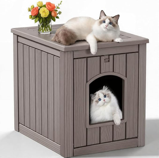 Cat Litter Box Enclosure, Multi-Functional Hidden Litter Box Furniture & Indoor Outdoor Cat House with Side Table Design, Openable Front Door & Raised Floor, Easy to Clean & Assemble, Grey by KFY