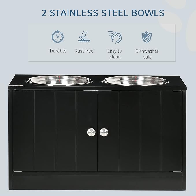 PawHut Large Elevated Dog Bowls with Storage Cabinet Containing Large 44L Capacity, Raised Dog Bowl Stand Pet Food Bowl Pet Feeding Station, Black | Raised Dog Bowl Stand, Pet Feeding Station - Image 3