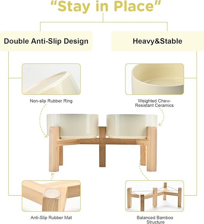 SPUNKYJUNKY Elevated Dog Bowls Ceramic, 6.1'' Dogs and Cat Food Water Bowls Raised with Non-Slip Bamboo Stand for Medium Sized Breed Microwave Dishwasher Safe - 28.7 OZ,Beige - Image 4