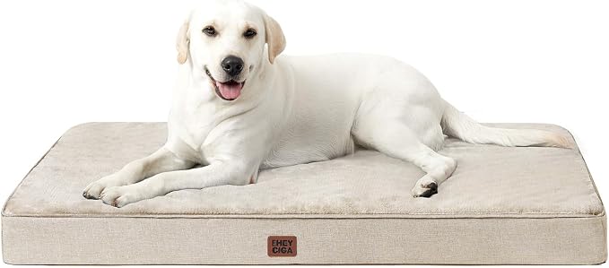 EHEYCIGA Extra Large Memory Foam Flat Dog Bed Washable, 44x32Inch, Beige | High Density Egg Crate Foam, Waterproof Liner, Removable Easy Clean Cover, Non-Slip Bottom, Fits Floor, Camping and Car by EHEYCIGA