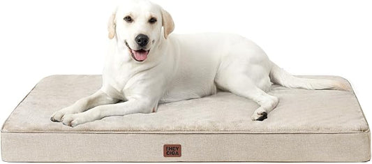 EHEYCIGA Extra Large Memory Foam Flat Dog Bed Washable, 44x32Inch, Beige | High Density Egg Crate Foam, Waterproof Liner, Removable Easy Clean Cover, Non-Slip Bottom, Fits Floor, Camping and Car by EHEYCIGA