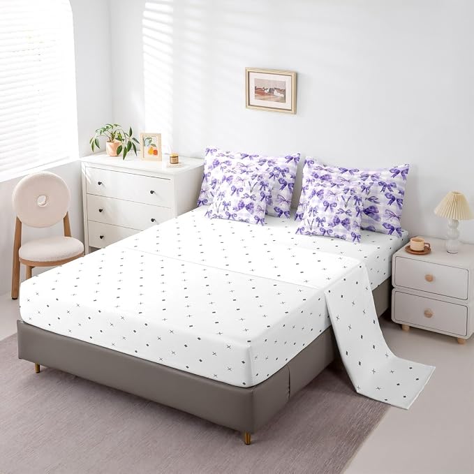 Feelyou Purple Bowknot 7 Piece Bedding Set Lavender Flower Comforter Set with Sheets for Kids Boys Girls Purple Stripe Bed in a Bag Princess Theme Bed Set Soft Lightweight - Image 4