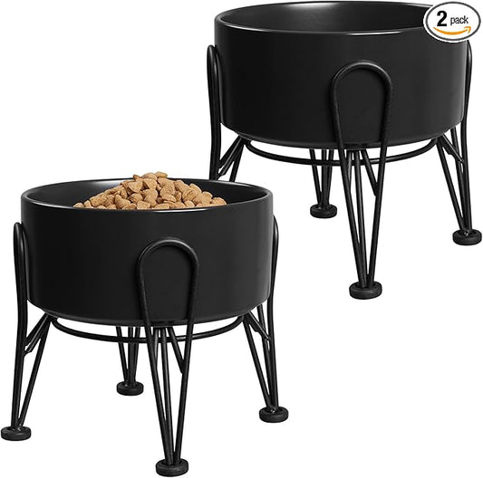 Elevated Dog Bowls, Ceramic Raised Dog Bowl Set with Anti-Slip and Non-Tip Metal Stand, 2 Pack Pet Food and Water Feeding Bowls for Small and Medium Dogs (Black,3.6 Cups) by Kitwinney