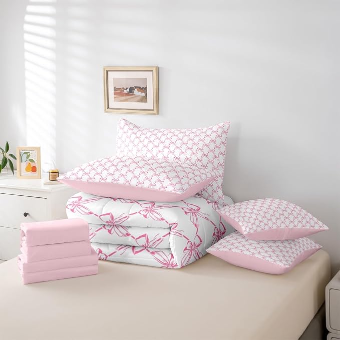 Erosebridal Girls Bowknot 7 Piece Comforter Set Queen Size | Cute Pink Bow Coquette Bedding Set Girly Bow Tie Comforter Dreamy Princess Style Sheets Butterfly Knot Aesthetic Quilt Room Decor - Image 6