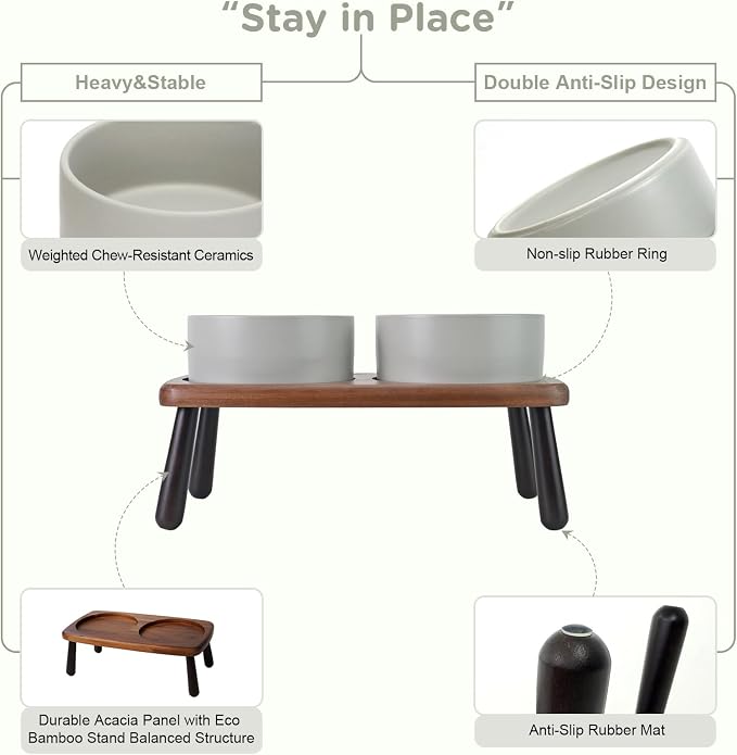 SPUNKYJUNKY Ceramic Elevated Dog Bowls Raised with Acacia Bamboo Wooden Stand, 6.1'' Dog and Cat Food Water Bowls Set Non-Slip for Small Medium Sized Breed Microwave Dishwasher Safe - 28.7 OZ,Grey - Image 4