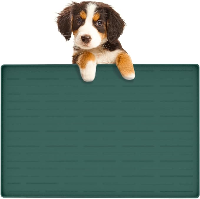 24"x16" Large Dog Food Mat, Silicone Dog and Cat Mats for Food and Water Bowls, Waterproof Raised Edge Pet Feeding Mat for Contain Spills Protects Floors, Multiple Colors & Sizes for Pets, Dark Green by Goldleaf