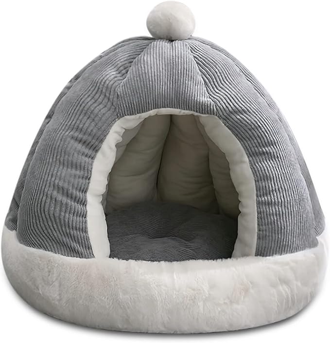 Cat Cave Bed, Cat Tent Bed House with Removable Washable Cushion, Soft Plush Cat Igloo Bed, Improve Sleep, Pet Bed for Kitten and Puppy(S, Grey) by BOSERMEN