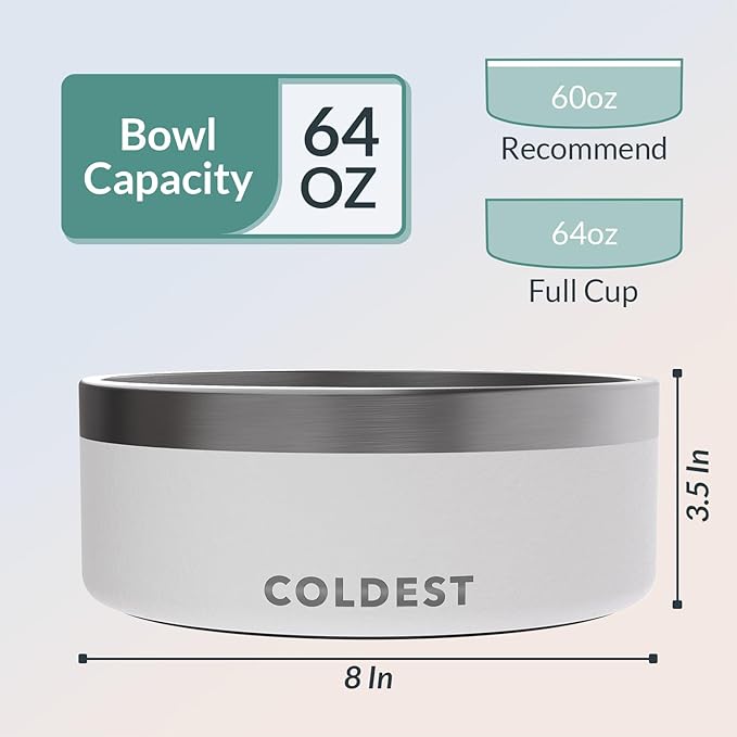 Coldest Dog Bowl - Anti Rust Metal, Non Slip, 3 Layers Insulated Stainless Steel Dog Bowls - Spill Proof & Heavy Duty - Water Bowl for Dogs, Cats & Pets, Dish Washer Safe (64 oz, Epic White) - Image 4
