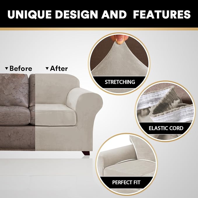 PrinceDeco Velvet Couch Cover Loveseat Covers for 2 Cushion Couch 3 Piece Sofa Covers for Dogs Washable Loveseat Covers Width Up to 72 Inch No Slip Stretch Sofa Slipcover(Medium, Oatmeal) - Image 4