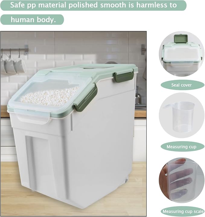 Large Flour Storage Container Bin 25lb, 2Pack Airtight Rice Storage Containers with Wheels Seal Locking Lid, BPA Free with Measuring Cup&Scoop for Flour, Rice, Grain(Green) - Image 4