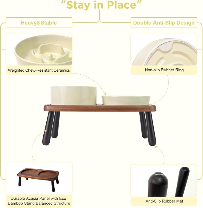 SPUNKYJUNKY Ceramic Elevated Dog Bowls with Slow Feeder Raised with Acacia Bamboo Wooden Stand, 6.1'' Dog and Cat Food Water Bowls Set Non-Slip for Small Medium Sized Breed - Beige - Image 4