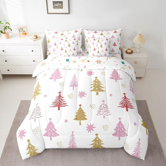Erosebridal Merry Christmas Bedding Set King Cartoon Pink Christmas Comforter Set 7 Piece Kids Cute Xmas Tree Bed in A Bag for Adults Winter New Year Gift Quilt with Flat Fitted Sheet - Image 3