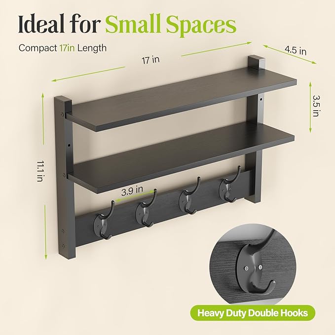 Two-Tier Wall Shelf with Hooks, 17" Coat Rack Wall Mount with Shelf, Entryway Key Hooks for Wall with Heavy Duty Double Hooks, Coat Hook Wall Mounted for Bedroom, Living Room, Black - Image 2