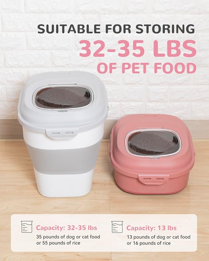 30-35Lbs Airtight Dog Food Storage Container,Collapsible Dog Food Container | Large Pet Food Storage Container with Double Airtight Seal & Magnetic Lid,Dog Food Bin with Wheels,2Pcs Containers,Scoop,Pink - Image 4
