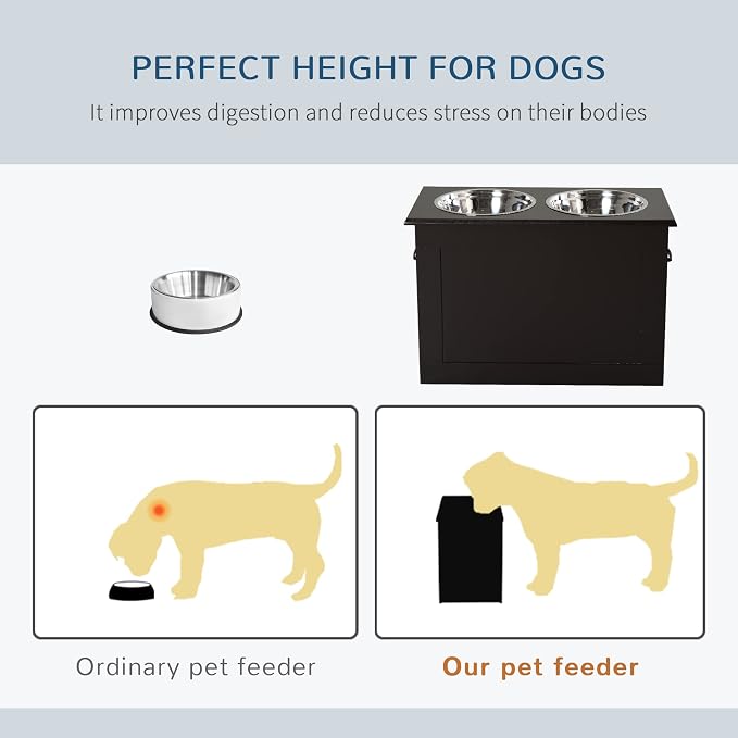 PawHut Raised Pet Feeding Storage Station with 2 Stainless Steel Bowls Base for Large Dogs and Other Large Pets, Coffee | with2 Stainless Steel Bowls Base for Other Large Pets - Image 5