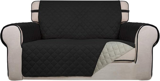 PureFit Reversible Quilted Couch Covers for Dogs Loveseat Sofa Cover 46.5” | Black/Beige, Water Resistant Couch Protector, Washable Pet Couch Cover with Non Slip and Elastic Straps For Kids by PureFit
