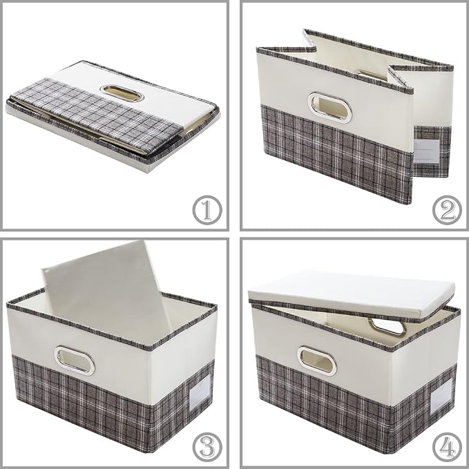PRANDOM Large Collapsible Storage Bins with Lids [3-Pack] Fabric Foldable Storage Boxes Organizer Containers Baskets Cube with Cover for Home Bedroom Closet Office Gray plaid & Cream(17.7x11.8x11.8) - Image 4