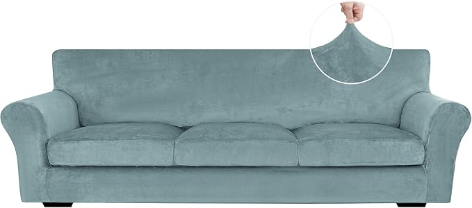 XINEAGE 4-Piece Velvet Oversize Sofa Cover, Couch Covers for Dog,Gray Blue | 3 Cushion Large Sofa,Stretch Non-slip Elastic, Pet-friendly, Washable, Fast Setup, Soft Plush Fabric, Furniture Protector. by XINEAGE