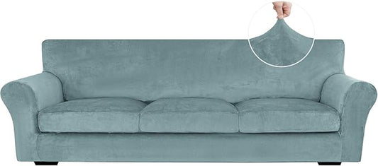 XINEAGE 4-Piece Velvet Oversize Sofa Cover, Couch Covers for Dog,Gray Blue | 3 Cushion Large Sofa,Stretch Non-slip Elastic, Pet-friendly, Washable, Fast Setup, Soft Plush Fabric, Furniture Protector. by XINEAGE