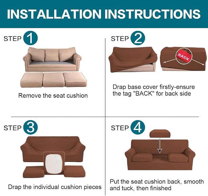 Turquoize 4 Piece Sofa Covers for 3 Cushion Couch Slipcover Soft Cover Dogs-Washable Furniture with Individual Covers,Feature Jacquard Fabric(3 Cushion Sofa, Caramel) - Image 6